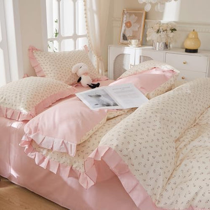 mixinni Pink Floral Duvet Cover Set Queen Size – 100% Cotton Ruffle Lace Bedding, Romantic Blushing Flower Print, Reversible Striped Pattern, Cottagecore Soft Aesthetic Princess Bedding for Girls