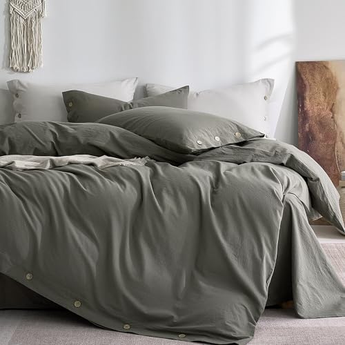 JELLYMONI 100% Washed Cotton Dark Grey Duvet Cover King, Linen-Like