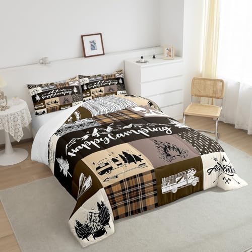 Castle Fairy Camper Patchwork Full Size Comforter Set,Happy Camping Cabin Hunting Adventure Bedding Comforters Bedroom Collection,Travel Trailers Decor Boho Aztec Exotic Bedding Set for Girls Teens
