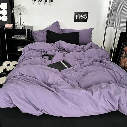 mixinni Solid Purple Duvet Cover Set Twin Size - 100% Washed Cotton 3-Piece Minimalist Bedding Set, Ultra Soft Breathable Solid Color Purple Comforter Cover with Zipper & Corner Ties, Twin Size