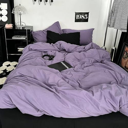 mixinni Solid Purple Duvet Cover Set Twin Size - 100% Washed Cotton 3-Piece Minimalist Bedding Set, Ultra Soft Breathable Solid Color Purple Comforter Cover with Zipper & Corner Ties, Twin Size