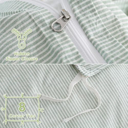 TOCOMOA Sage Green Striped Duvet Cover Set Washed Cotton Like Linen, Queen