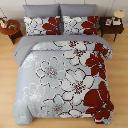 Anibedding 7Pieces Red Floral Comforter Set Queen Size, Soft Microfiber Red Grey Bed in a Bag Comforter Set with Sheets for All Season