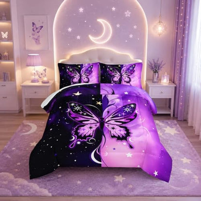 HOSIMA Stars Print Butterfly Bedding Set Queen Size with 2 Pillowcases.