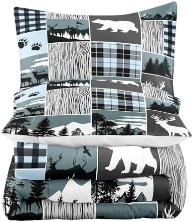 LUVIVIHOME 3PCS Bear Deer Comforter Set Full Size, Elk Moose Woodland Forest Animal Wildlife Hunting Country Lodge Rustic Farmhouse Cabin Bedding, Black & Blue Plaid Patchwork Quilt, 2 Pillow Cases