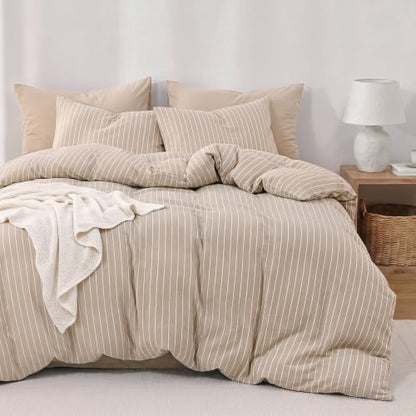Wake In Cloud Striped Cotton Duvet Cover Set, Tan, Full