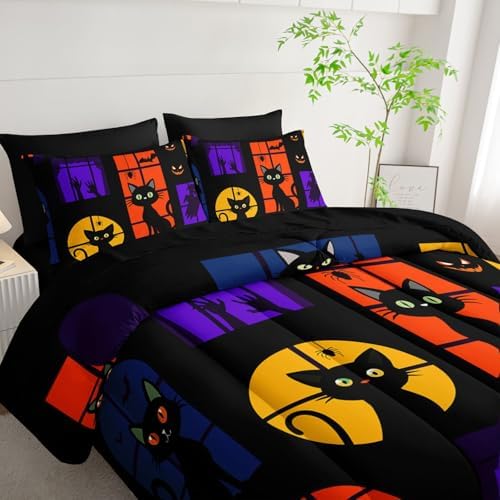 7Pcs Black Cat Comforter Set Cute Animal Printed Bedding Set with 1 Comforter, 1 Flat Sheet, 1 Fitted Sheet and 4 Pillowcases for Boys and Girls Bedroom All Season(Cat Queen