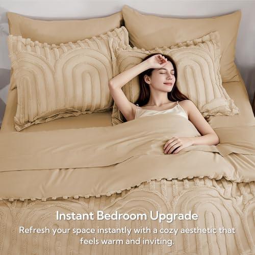 MR&HM Boho Comforter Set Full 7 Pcs, Khaki Western Arch Tufted Bedding Set