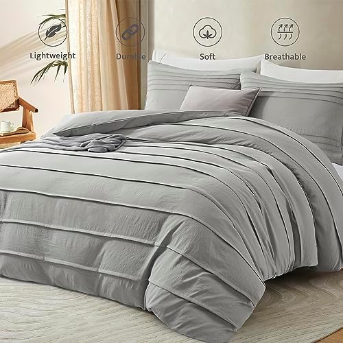 Oli Anderson 3PCS Pleated Duvet Cover Set, Light Grey, King