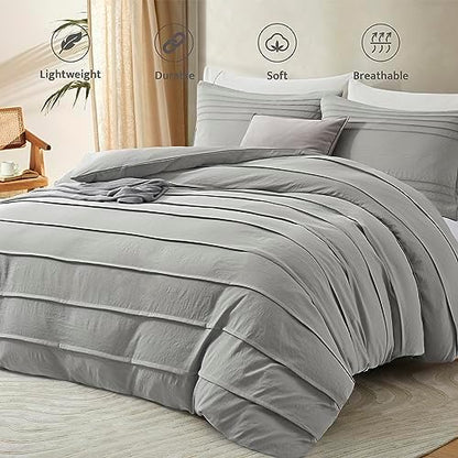 Oli Anderson 3PCS Pleated Duvet Cover Set, Light Grey, King