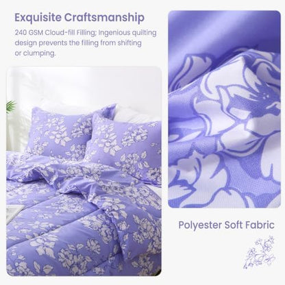 Mooreeke King Size Comforter Sets, Lavender Quilt with White Flower Patterned Bedding for All Seasons, 3-Piece Vintage Bed in a Bag with Fluffy Quilted Reversible Comforter & 2 Pillow Shams
