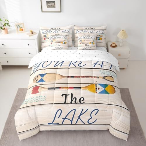 Erosebridal Lake Camping Comforter Set Twin Size,Oil Art Boat Paddle Bedding Set for Kids Teens,Wooden Plank (Comforter+Fitted+Flat Sheet+2 Pillowcases+2 Throw Pillow Covers) 7 Pieces Bed Set