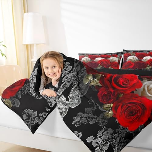 Red and White Rose Print Comforter Set Full Aldults Teens 3D Floral Room Decor Romantic Lace Pattern Bedding Set,Soft Lightweight Modern Flowers Duvet,Youth Young Man Quilt,1 Comforter + 2 Pillowcase