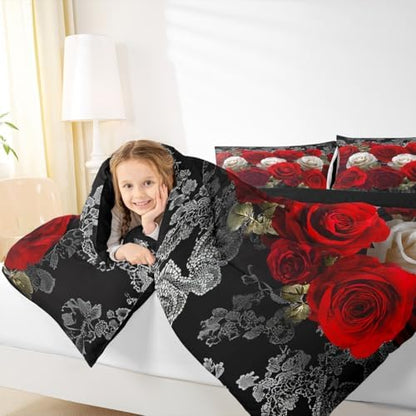 Red and White Rose Print Comforter Set Full Aldults Teens 3D Floral Room Decor Romantic Lace Pattern Bedding Set,Soft Lightweight Modern Flowers Duvet,Youth Young Man Quilt,1 Comforter + 2 Pillowcase