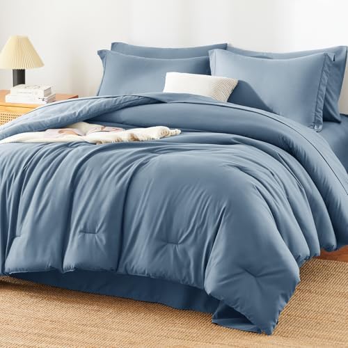 HIMEET Queen Comforter Set, 7-Piece Point-Quilted Bed in a Bag Grayish Blue