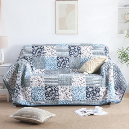 Mybedsoul King Size Quilt, Boho Patchwork Floral Bedding Set, Navy Blue