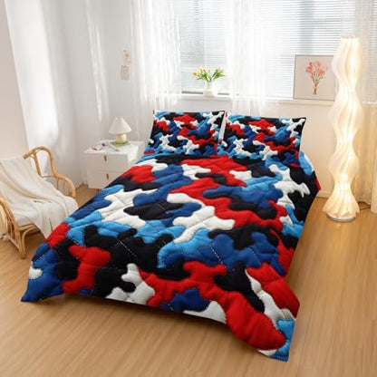 Nttopship Camouflage Bedding Set,Red Blue White Camouflage Pattern Style King Comforter Set for Adult Teens Camo Bed in A Bag 3 Pieces,Camo Pattern Room Decor with Comforter and 2 Pillow Case