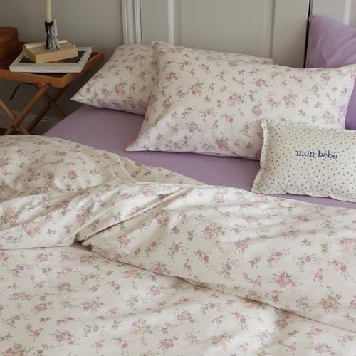 LifeTB Vintage Garden Floral Comforter Set Queen Cute Pink Floral Bedding Comforter for Queen Bed Reversible Botanical Flowers Comforter with 2 Pillowcases Girls Cottagecore Bedding Comforter Set