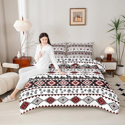 Aztec Geometric Kids Bedding Set Queen Size,Rustic Farmhouse Wolf Comforter Set，Pine Tree Country Quilt Comforter,Red Black Bedroom Duvet Insert,2 Pillowcases