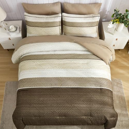 Comforter Set Queen Size 7 Piece Bed in a Bag Boho Chocolate Brown Striped Bedding Set Soft Microfiber Comforter and Sheet Set for All Season (Queen, 90"x90")
