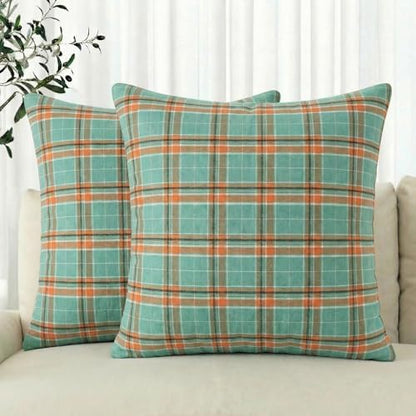 AVOIN colorlife Spring Summer Aqua Orange Plaid Decorative Throw Pillow Covers, 18 x 18 Inch Holiday Scottish Tartan Cushion Case Farmhouse Decoration for Sofa Couch Set of 2