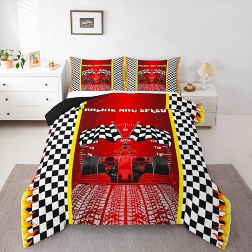 Race Car Comforter Sets for Boys Girls Black and White Checkered Bedding Red Racing Car Bedding Comforter Sets for Teens Adult Extreme Sport Theme Duvet Insert Speed Sports Car Bedroom Decor Twin