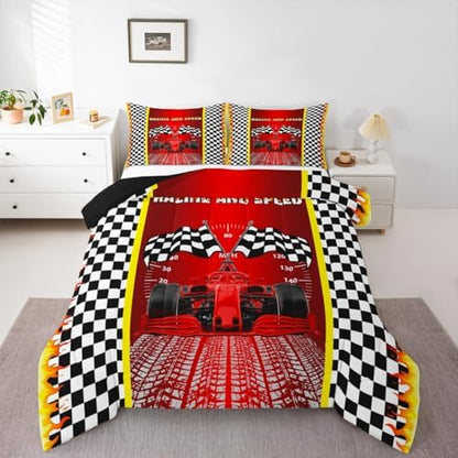 Race Car Comforter Sets for Boys Girls Black and White Checkered Bedding Red Racing Car Bedding Comforter Sets for Teens Adult Extreme Sport Theme Duvet Insert Speed Sports Car Bedroom Decor King