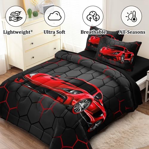 5 Pcs Race Car Twin Bedding Set for Boys, Red Sports Car Twin Boys Comforter Set with Sheets