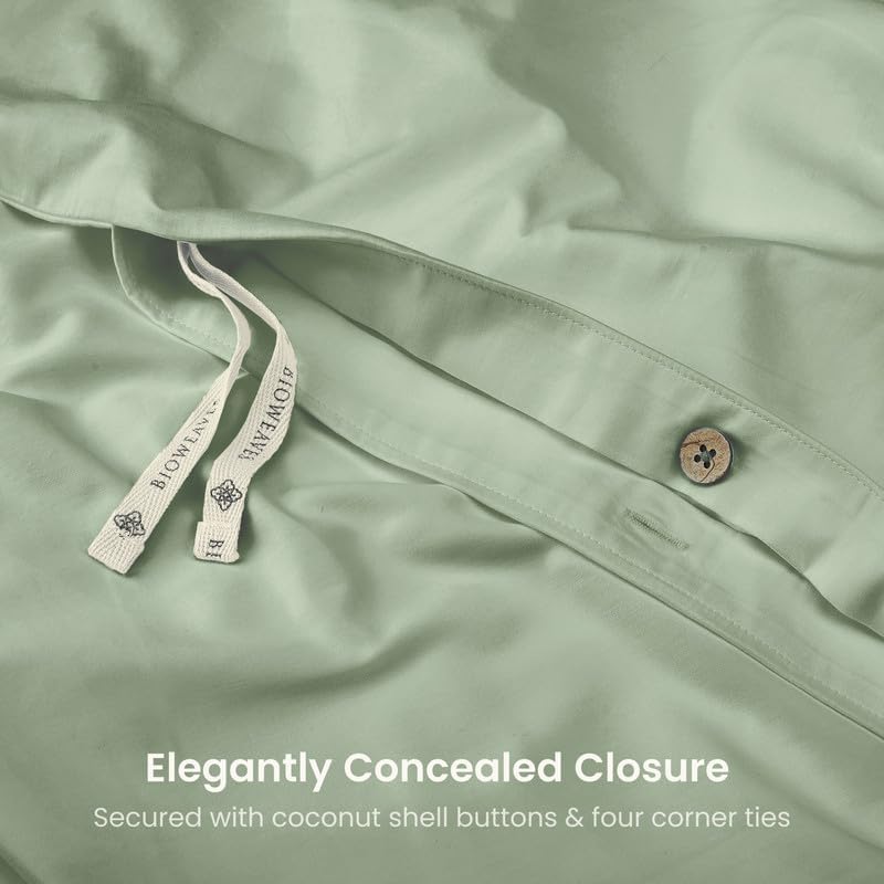 BIOWEAVES 100% Organic Cotton Full/Queen Duvet Cover Set, 3-Piece, 300 Thread Count Sateen Weave GOTS Certified Comforter Cover with Buttoned Closure and 2 Pillow Shams –Basil, 90x90 inches