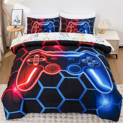 NTBED Game Console Comforter Set for Boys Girls Kids Geometric Lightweight Microfiber Bedding Sets (Red Blue, Full 5Pcs)