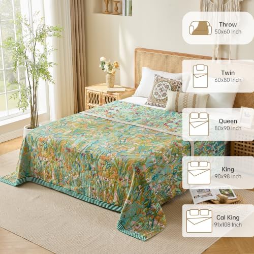 VANJOROY Boho Throw Blanket, 100% Organic Cotton Breathable Skin-Friendly Ultra Soft 50" x 60" Bed Quilt Green Leaf Throw - Floral Luxury Reversible Blanket for Sofa Couch Chair and Gift,
