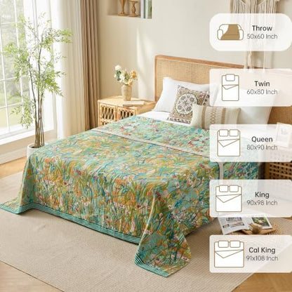 VANJOROY Boho Throw Blanket, 100% Organic Cotton Breathable Skin-Friendly Ultra Soft 50" x 60" Bed Quilt Green Leaf Throw - Floral Luxury Reversible Blanket for Sofa Couch Chair and Gift,