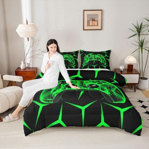 Feelyou Gamer Bedding Set Gamepad Comforter Set for Kids Boys Girls Teens Room Decor Gaming Gifts Comforter Queen Size Game Controller Green Duvet Set 3Pcs