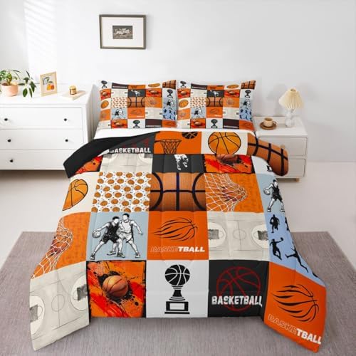 Erosebridal Basketball Comforter Set for Kids Boys Girls Sports Patchwork Bedding 3D Printed Basketball Duvet Set Ball Games Comforter King with 2 Pillowcases