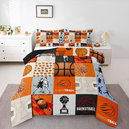 Erosebridal Basketball Comforter Set for Kids Boys Girls Sports Patchwork Bedding 3D Printed Basketball Duvet Set Ball Games Comforter King with 2 Pillowcases