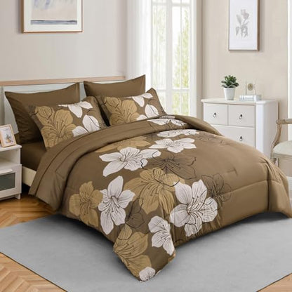 Luxudecor Brown King Size Comforter Set, 7 Pieces Floral Bed in a Bag