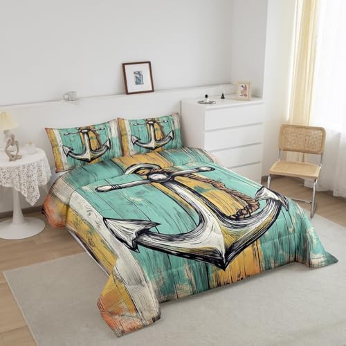 Erosebridal Anchor Comforter Set King Size for Boys, Ocean Navigation Theme Duvet Insert for Kids Teens Bedroom Gift, Vintage Brown Wooden Board Decor Bedding Set Marine Life Decorative Soft Quilt