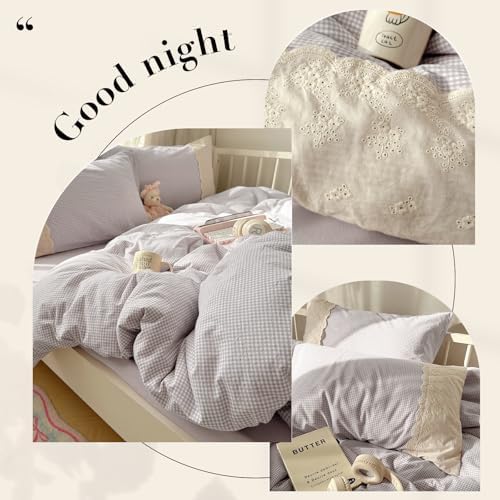 VM VOUGEMARKET Lilac Gingham Duvet Cover Queen Plaid Checkered Comforter Cover with Zipper 3Pcs Soft Breathable Washed Microfiber White Lace Bedding Set for Girls