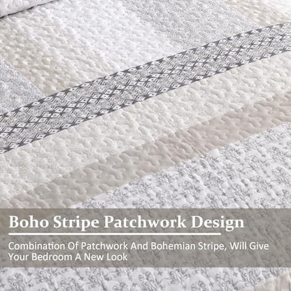 WONGS BEDDING Patchwork Quilt Set Full, Beige Bohemian Striped Bedspread