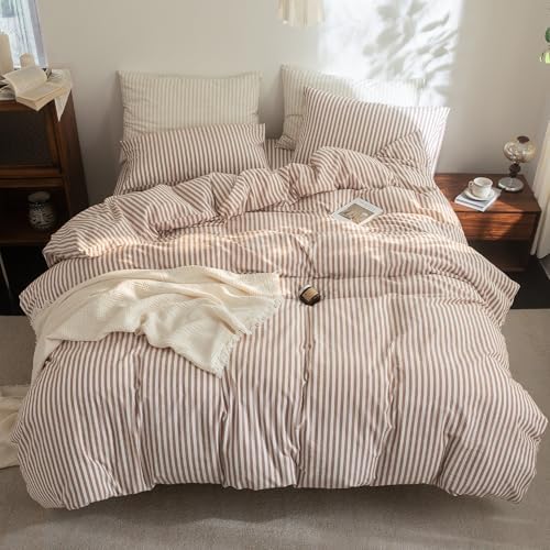 FOSSA Striped Duvet Cover Set 100% Washed Cotton Linen Feel Queen