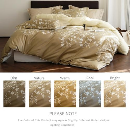 Comforter Queen Size - 100% Cotton Gradient Mustard Yellow Floral Reversible Comforter Set, Luxury and Breathable Bedding Set for All Season, 3 Pieces, 90"x90"