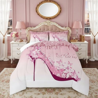 High Heels Feminine Comforter Set Queen Size,Butterfly Romantic Bedding Set 3pcs for Kids Girls Women Room Decor,Pink Gradient Glitter Quilt Set,Valentine's Day Duvet Insert,2 Pillowcases