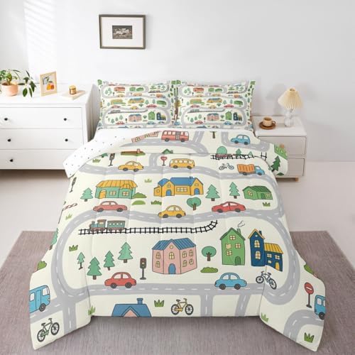Erosebridal Cartoon City Car Bedding Set King Cute Bicycle Train Comforter Set for Kids Boys Girls Multicolor Cityscape Down Comforter Transportation Road & Railway Quilt Duvet
