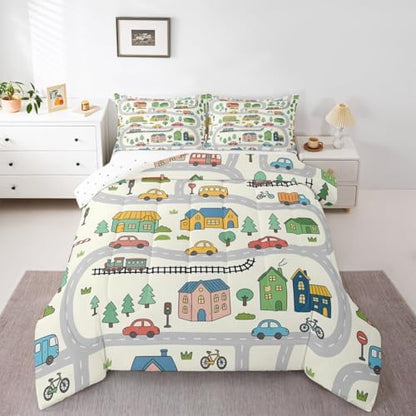 Erosebridal Cartoon City Car Bedding Set King Cute Bicycle Train Comforter Set for Kids Boys Girls Multicolor Cityscape Down Comforter Transportation Road & Railway Quilt Duvet