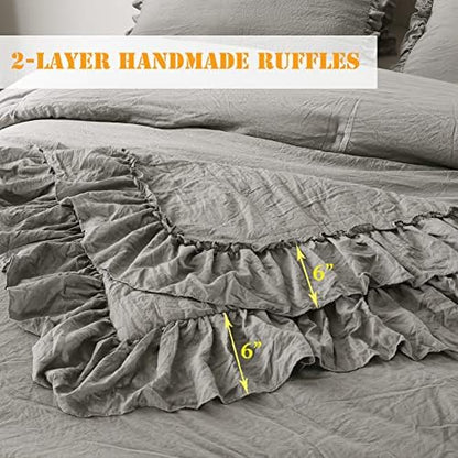 Masaca Grey Shabby Comforter Set Queen,Farmhouse Rustic Microfiber Bedding Ruffled Comforter Set,Vintage Gray Ruffle Comforter for Queen Bed Fluffy Aesthetic Bedding 3 Pieces