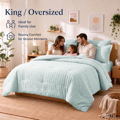 CozyLux King Size Comforter Set, 7 Pieces Ice Blue Seersucker Bed in a Bag