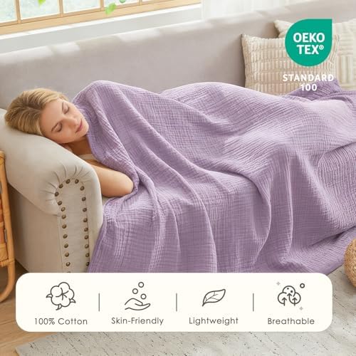 EMME Muslin Blankets for Adults Throw Blanket for Couch Breathable Gauze Soft Lightweight Airy Lavender Throw 50"x60"