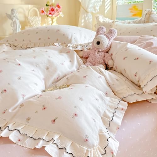 mixinni Shabby Chic Tiny Pink Floral Duvet Cover Twin, 100% Cotton Reversible Bedding with Double Ruffle Black Lace Trim, Vintage Farmhouse Princess Comforter Cover with Zipper & Corner Ties