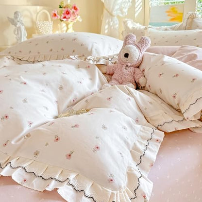 mixinni Shabby Chic Tiny Pink Floral Duvet Cover Twin, 100% Cotton Reversible Bedding with Double Ruffle Black Lace Trim, Vintage Farmhouse Princess Comforter Cover with Zipper & Corner Ties