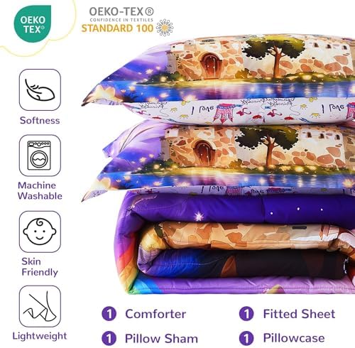 Viviland Twin Bedding Set for Girls 5 Piece Bed in a Bag with Comforter, Sheets, Pillowcases Soft Microfiber Kids Comforter Set, Oeko Certified, Machine Washable, Enchanted Rainbow Castle Fairy Tale